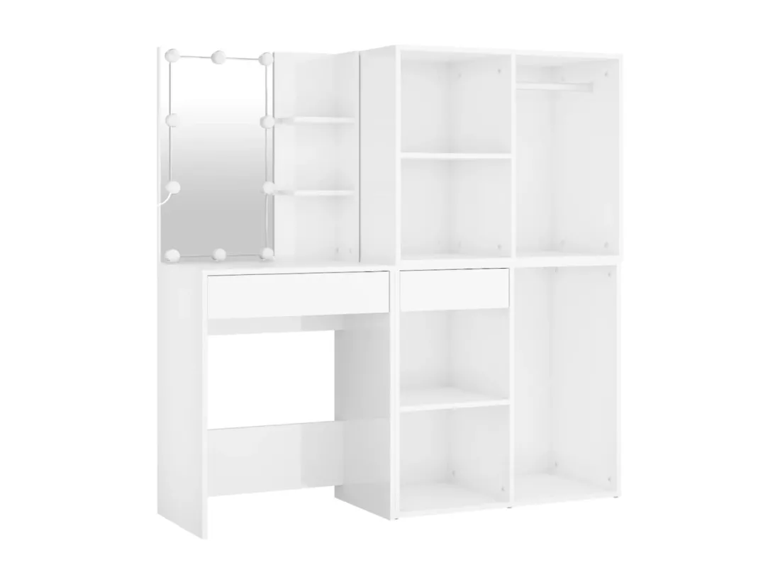 Coiffeuse à LED et 2 armoires Blanc brillant Bois d'ingénierie