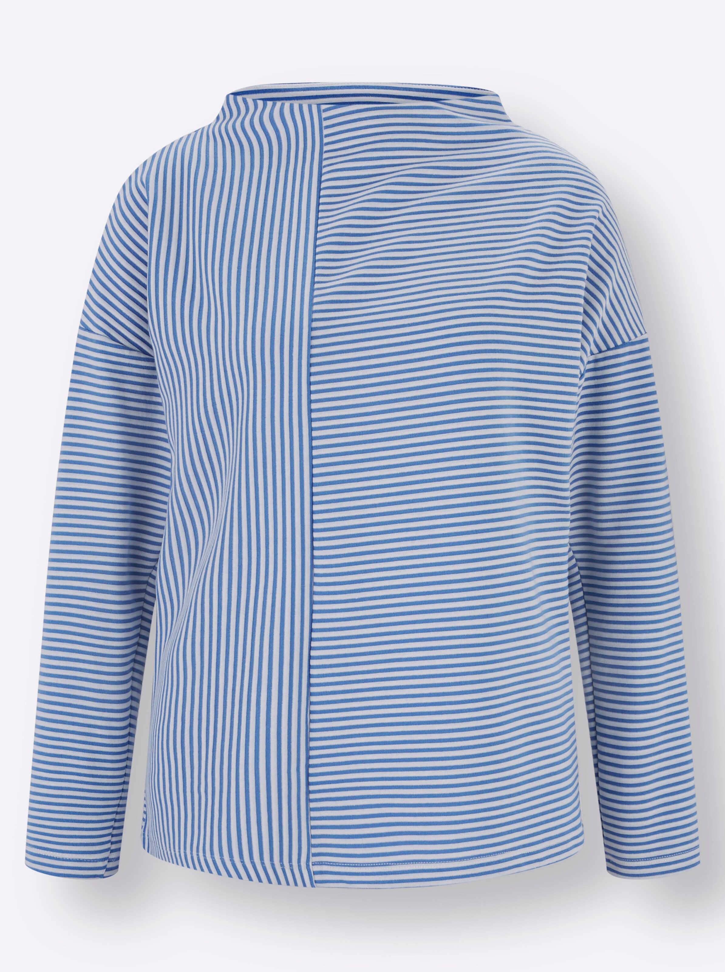 Langarmshirt in ecru-mittelblau-gestreift