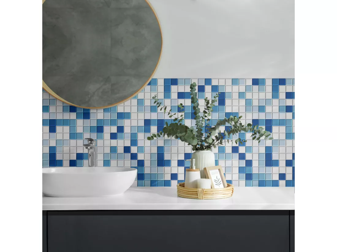 Panneaux muraux autocollants en vinyle imperméable - 4 x 50 x 50 cm - Mosaïque dans les tons de bleu