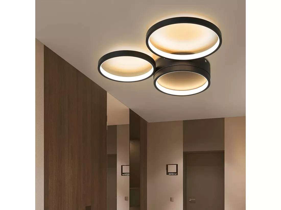 NETTLIFE Plafonnier LED 22W chambre noir blanc chaud avec 3 anneaux design décoration moderne pour salon chambre d'enfant couloir salle à manger