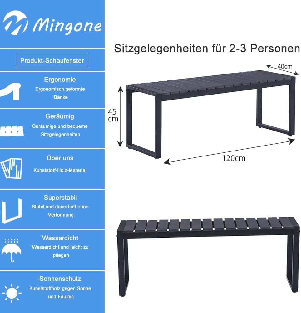 Mingone Gartenbank Wetterfest Sitzbank Parkbank Bank Holz Gartenmöbel für Balkon Terrasse Garten bis 200kg Belastbar,120cm Schwarz für 2
