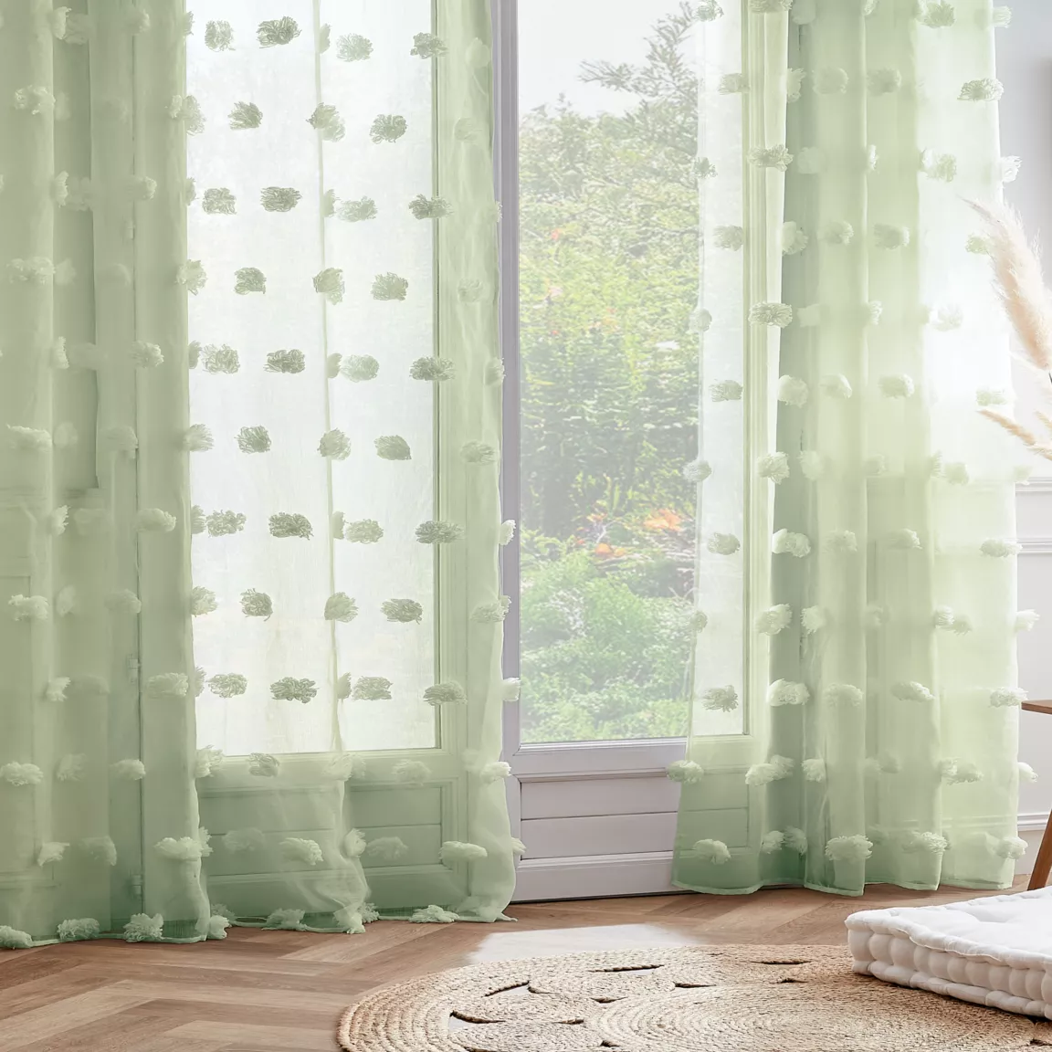 Voilage oeillets pompons (140 x 240 cm) Suzie Vert d'eau