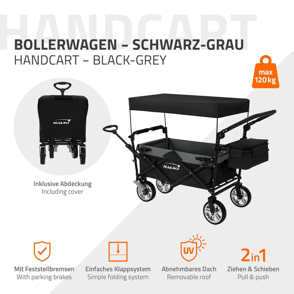 Hauki XXL opvouwbare bolderkar met luifel en tas, zwart-grijs, opvouwbare handkar voor duwen en trekken, kindertransportkar, 360° draaibare voorwielen, PU-wielen met remmen, draagvermogen 120 kg