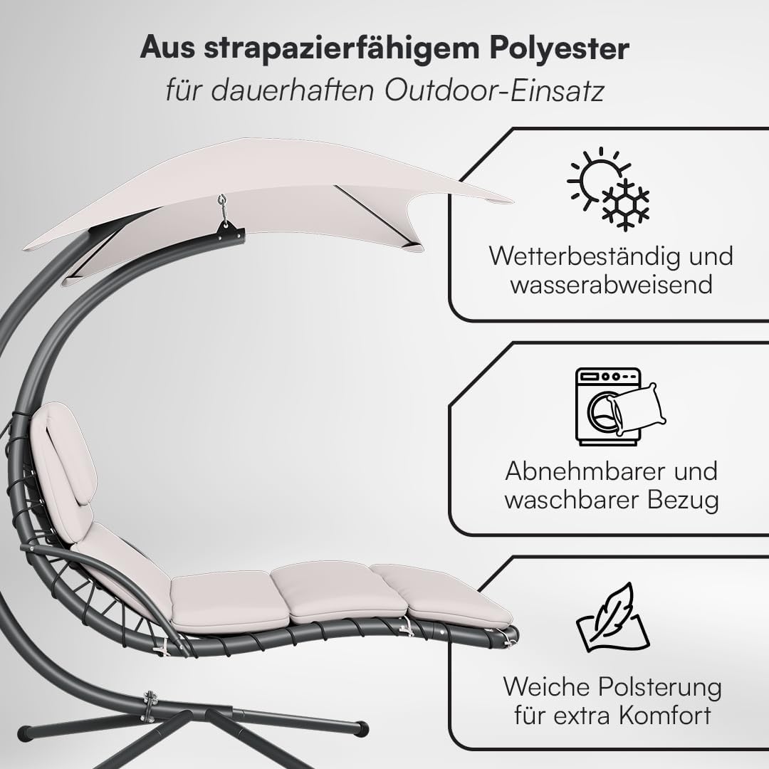 STEELSØN Schwebeliege Nyria, Hängeliege mit Gestell, Hängesessel inkl. Polsterauflage für Garten, Terrasse und Balkon, Schaukelliege, Schwingliege mit Sonnendach beige