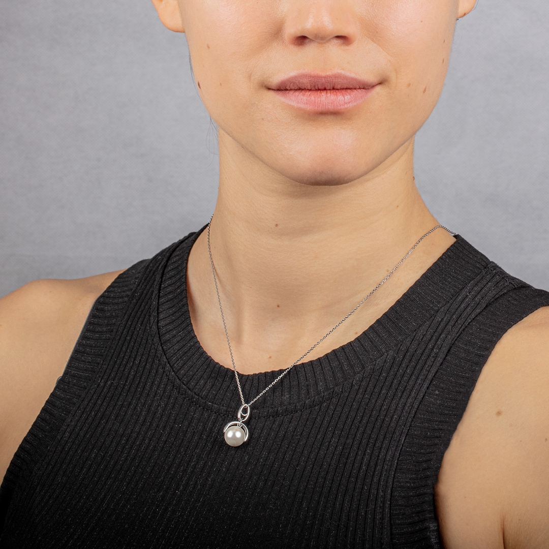 Collier mit Anhänger 925 Silber rhodiniert mit Kunstperle 10mm und Zirkonia