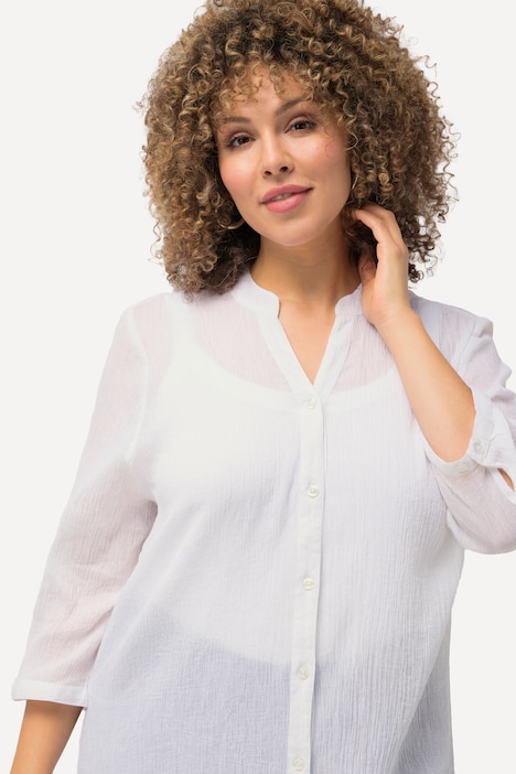 Longbluse, Krepp, Stehkragen, V-Ausschnitt, 3/4-Arm