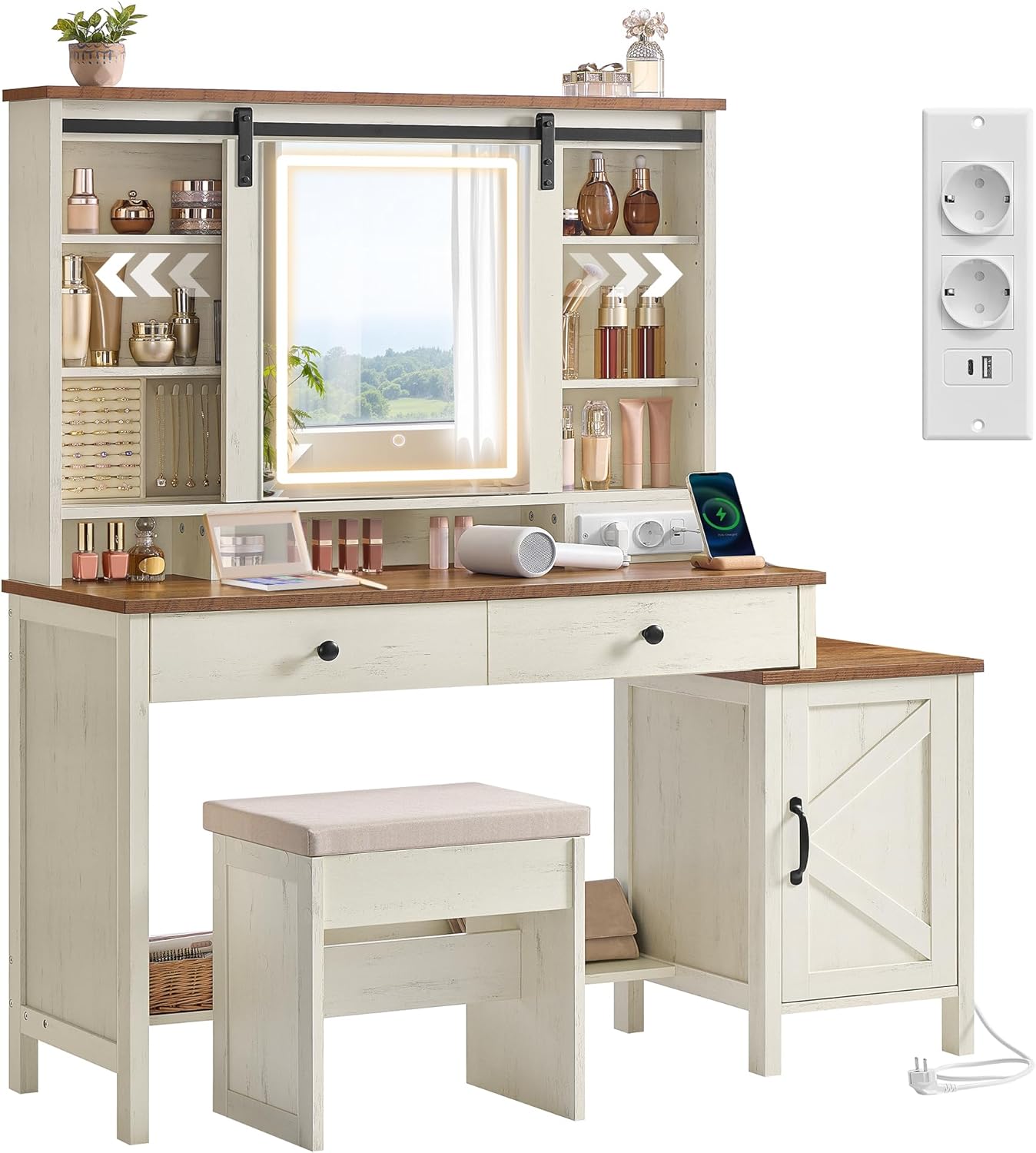 VASAGLE LIRY Kollektion - Schminktisch mit Spiegel und Beleuchtung, Frisiertisch im Landhausstil mit Hocker, Ladestation, 2 Schubladen, Schmuckaufbewahrung, vintageweiß-honigbraun RDT136W01
