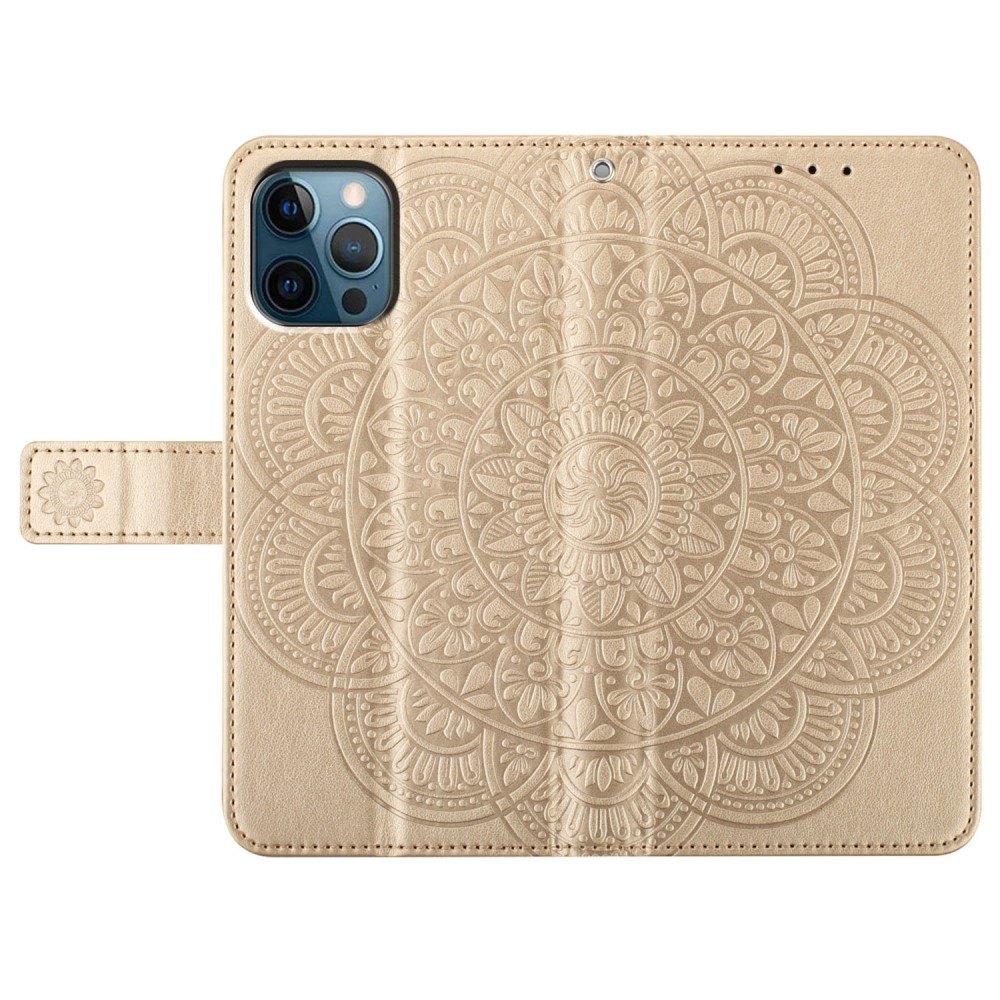 iPhone 16 Pro Leder Tasche Wallet - Mandala Flowers Imprint - Gold