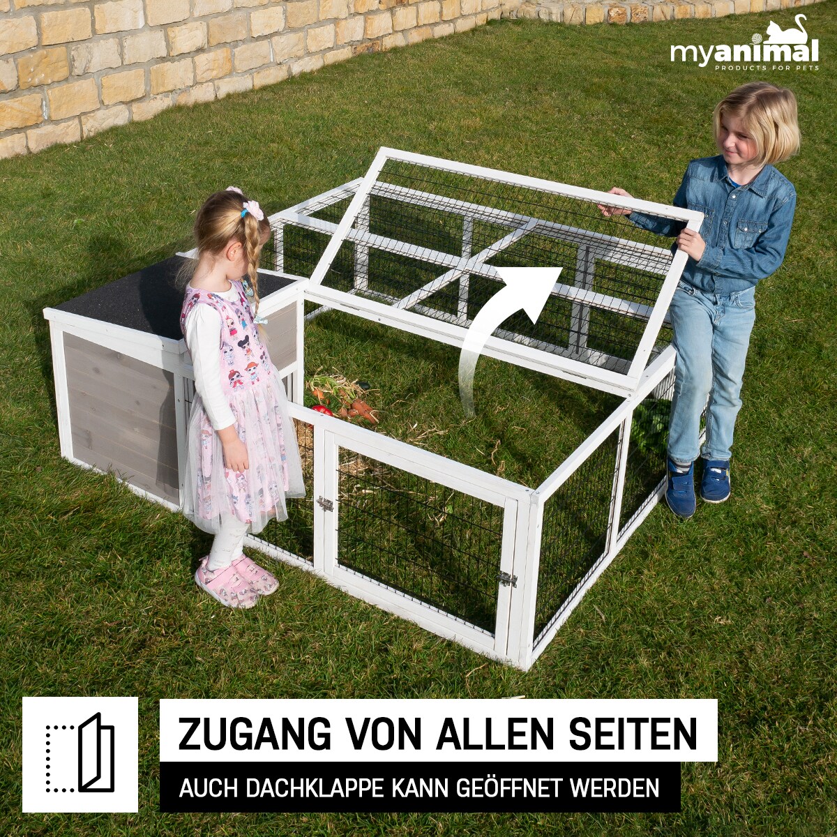 MyAnimal Hasenstall MH-08 Freilaufgehege, Kaninchenstall mit Haus, 3 Außentüren, verzinkter Draht