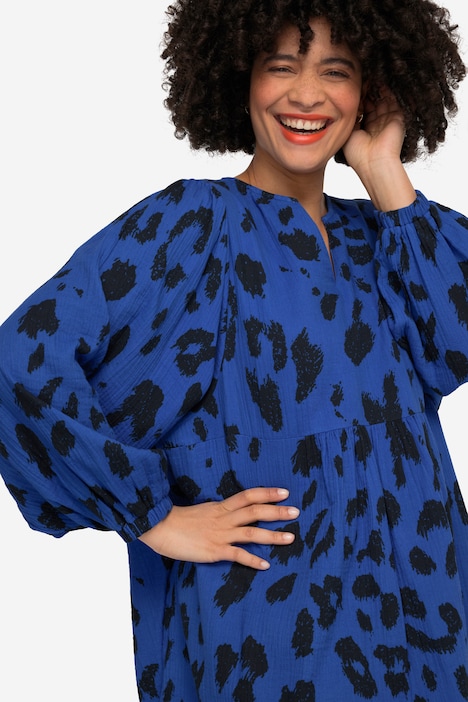 Musselin-Kleid, Leodruck, Tunika-Ausschnitt, weite Ballonärmel
