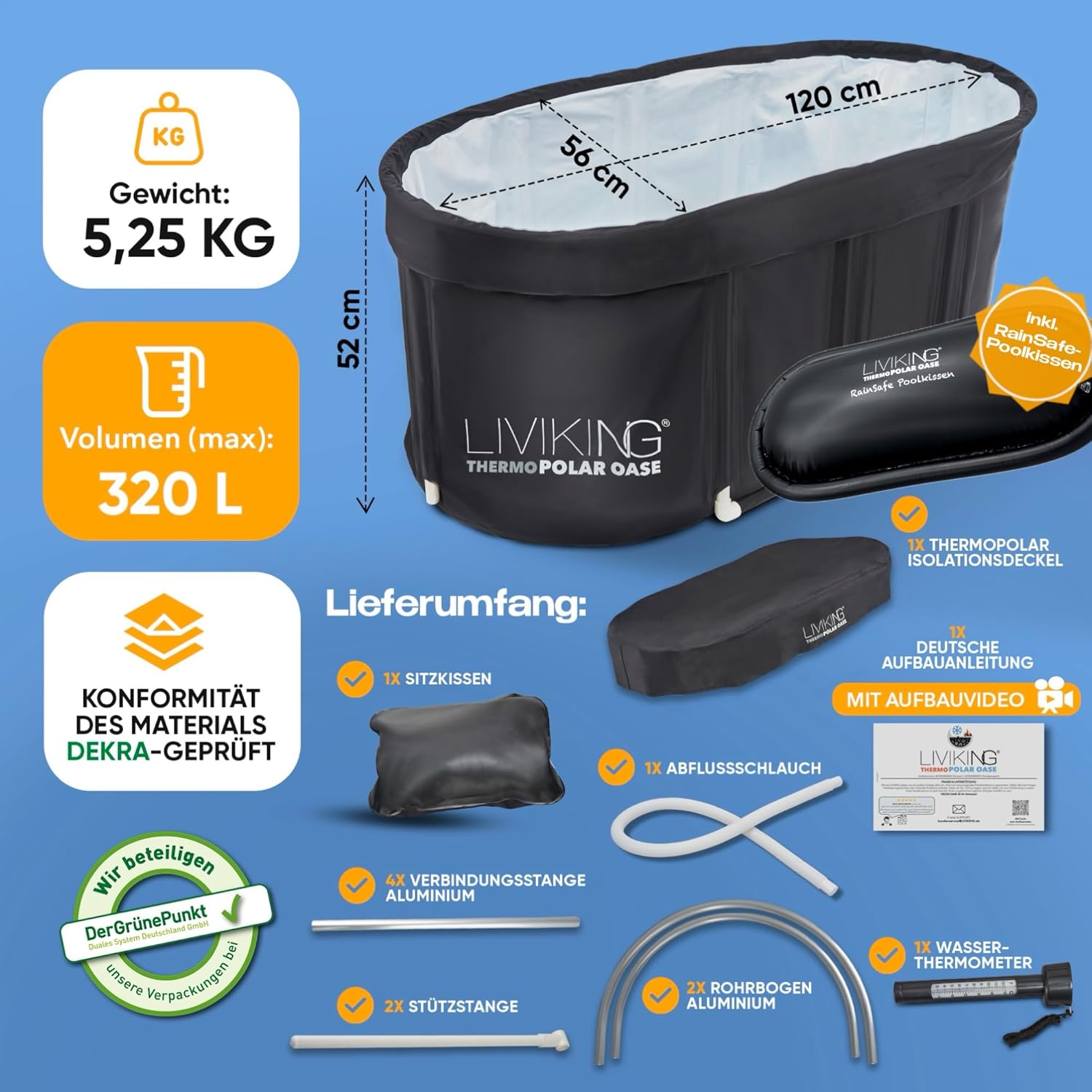 Eisbad + Faltbare Badewanne Erwachsene [120 cm - KOMFORT BUNDLE] Eisbaden Tonne, Mobile Badewanne Outdoor & Eistonne – Jetzt Eintauchen! (WeatherPro Bundle, schwarz)