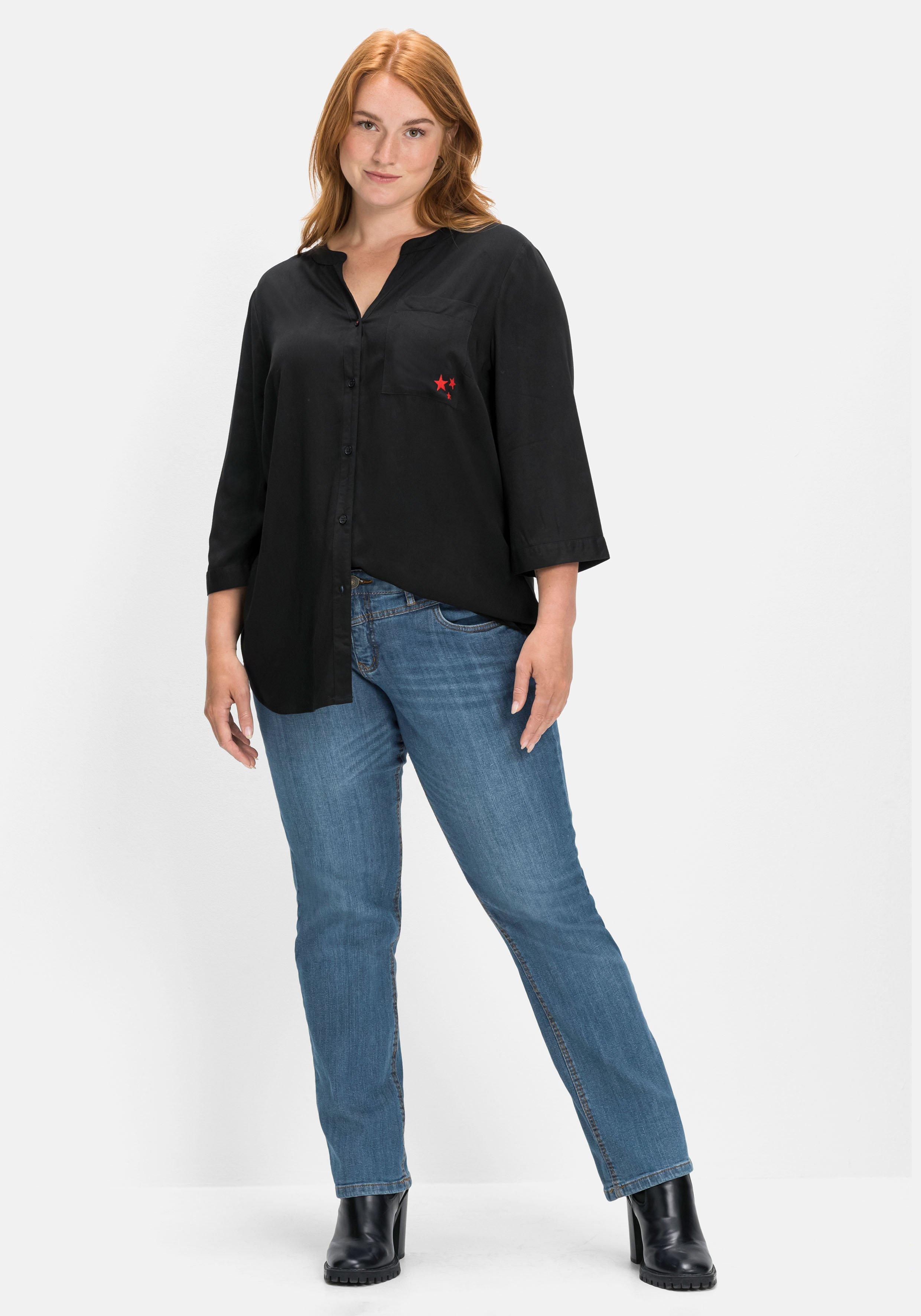 3/4-Arm-Bluse mit V-Ausschnitt, aus Viskose-Twill