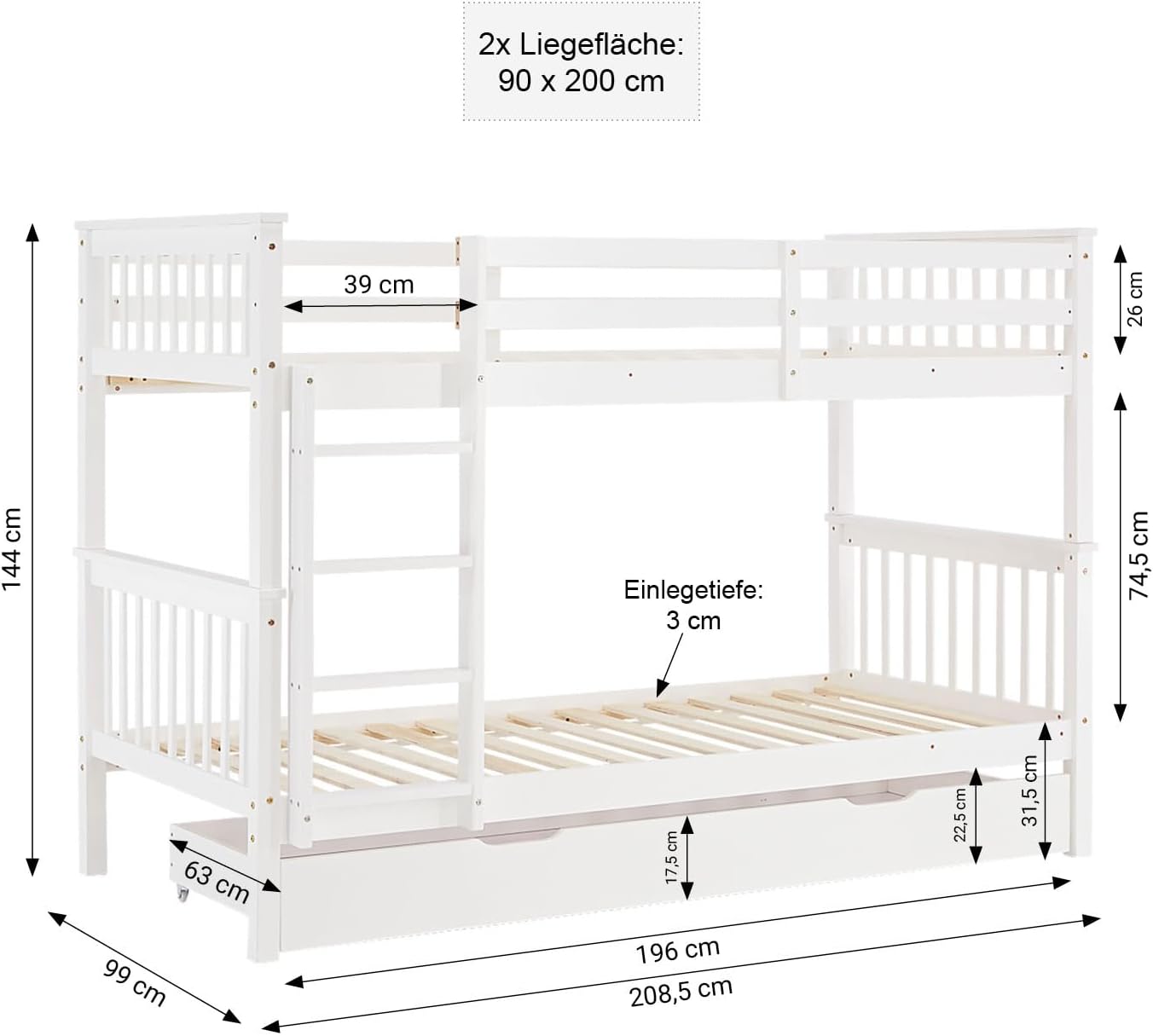 Homestyle4u, Etagenbett 2 Kinder 90x200 mit Treppe & Bettkasten Weiß, Hochbett Doppelstockbett umbaubar 2 Kinderbetten