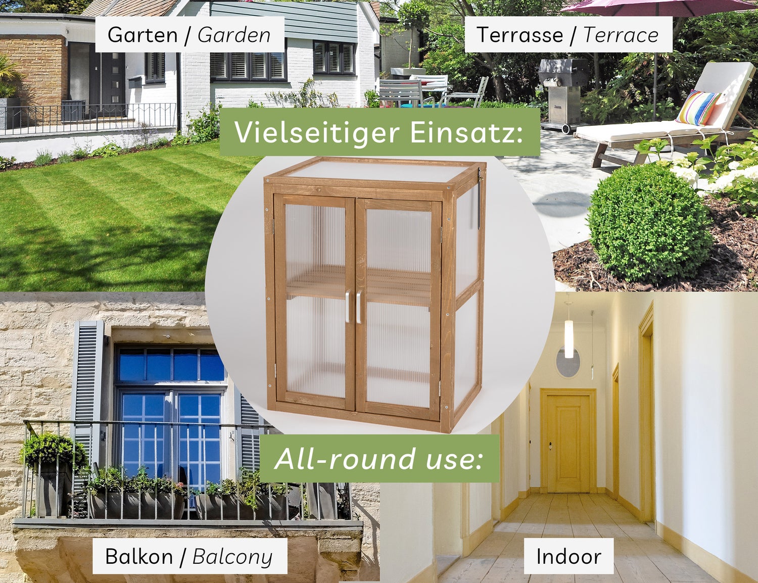 needs&wants® Minikas, klein, wintervast, van hout voor balkon, tuin, binnengebruik, kweekbak, verhoogd bed, plantenkast, propagatiehuis, polycarbonaat