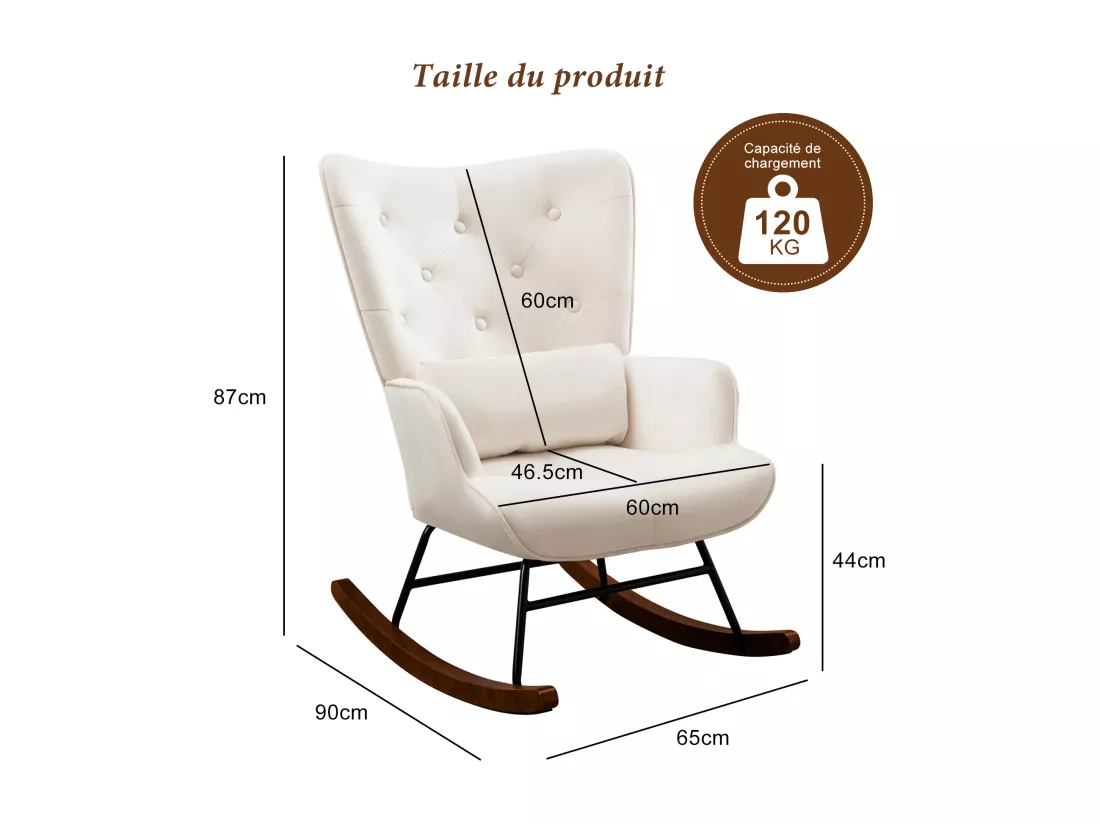 Fauteuil à Bascule Rembourré en Velours Moderne pour Salon, Chaise à Bascule à Dossier Haut avec Pieds en Bois, Beige