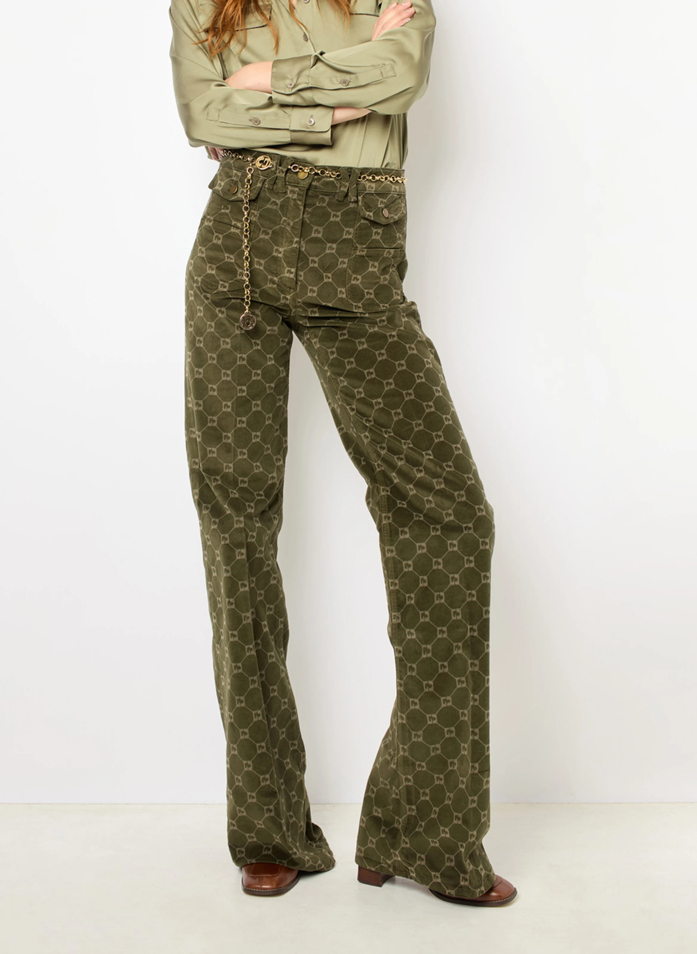 ANNA - Pantalon flare en coton mélangé | Vert