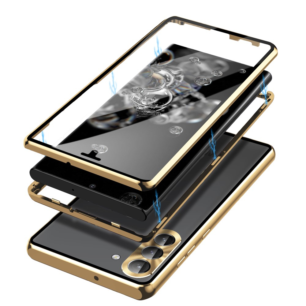 Samsung Galaxy S23 5G Magnetische Alu Schutzhülle mit Panzer Glas Backcover   Display- / Kameraglasschutz (Verschlussmechanismus) - Gold
