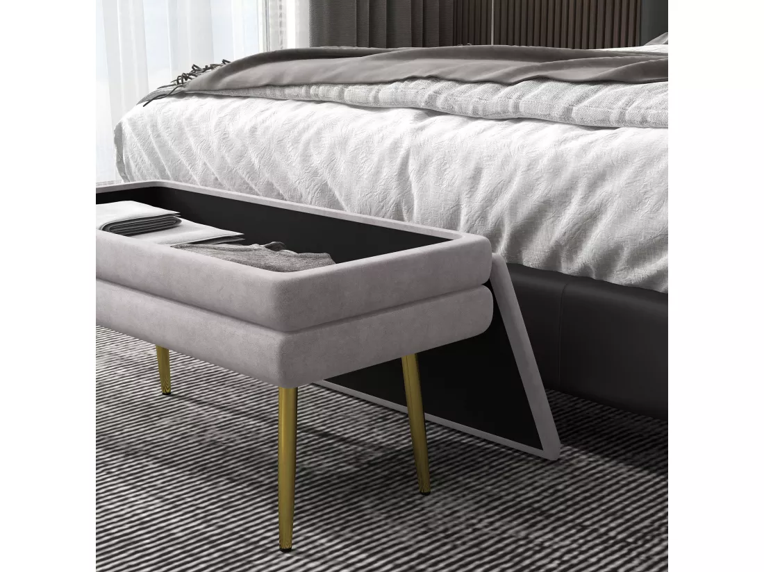 Banquette coffre de rangement 2 en 1 piètement effilé incliné acier doré velours gris clair