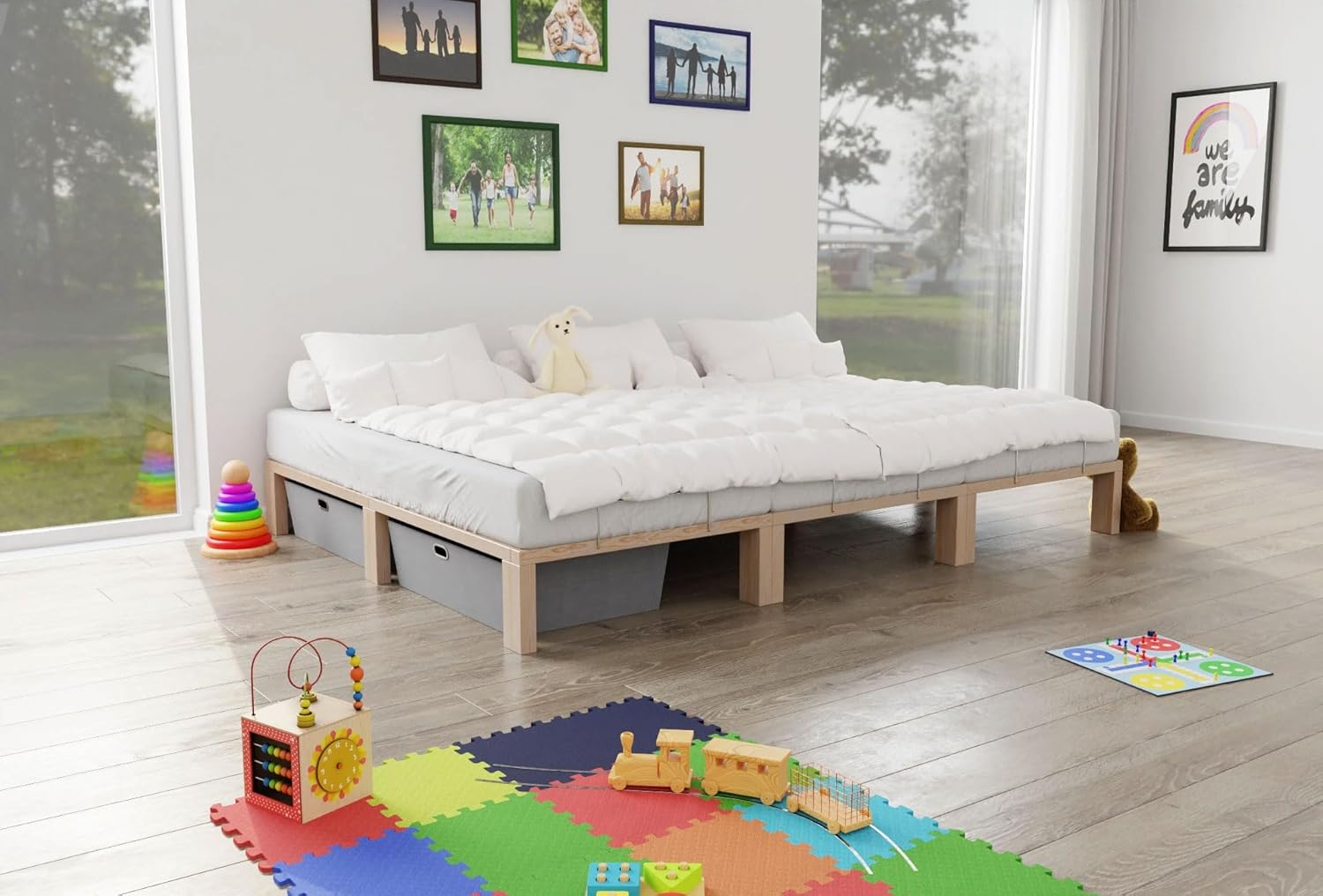 Kiefer massiv Holzbett G56, naturbelassen, mit Standardfuß 25 cm Höhe, inkl. Lattenrost und Matratzenbügeln, Liegefläche 280x200 cm Best. aus 2X 90 x 200 cm, 1x 100 x 200 cm