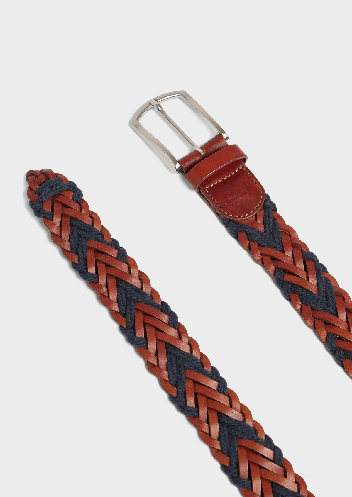 Ceinture tressée en cuir et cordes cognac et bleu marine