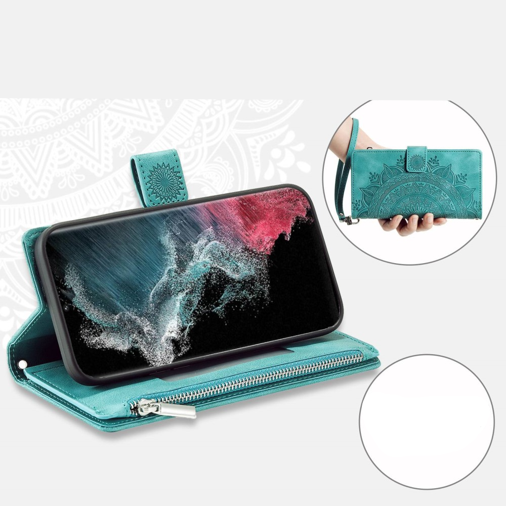 Samsung Galaxy S23 Ultra 5G Leder Tasche Flip Cover mit Reissverschluss - Mandala Flowers Imprint - Türkis