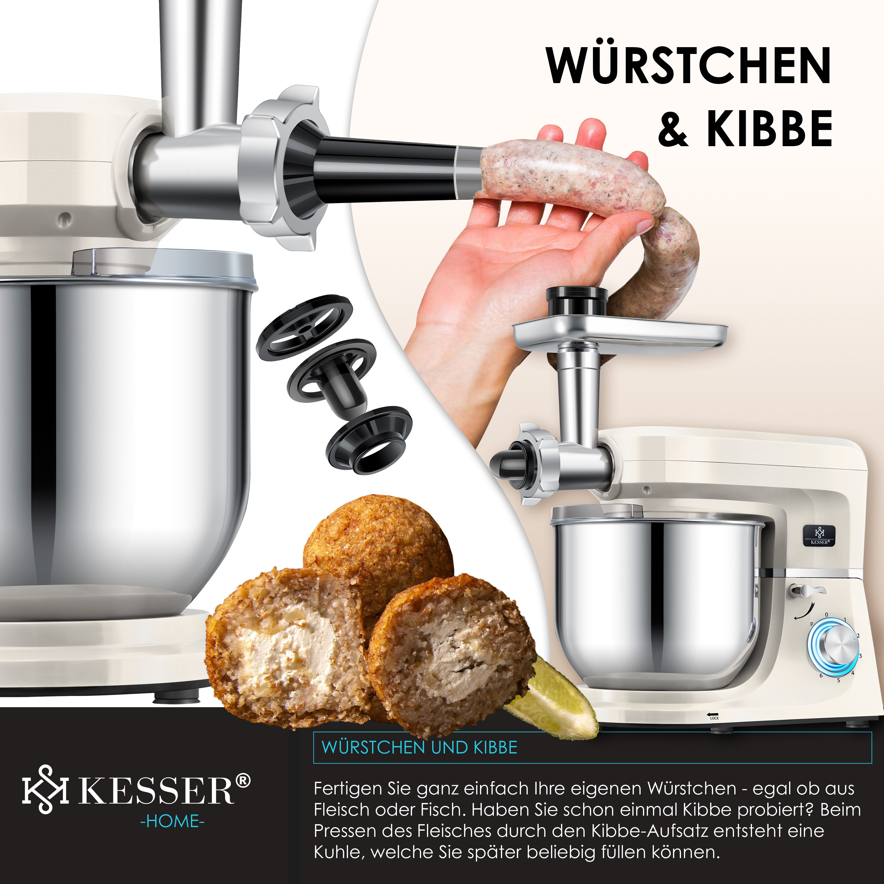 KESSER® 3 in 1 Universal Küchenmaschine K-KM 3000 mit Fleischwolf Knetmaschine Multifuntionale Rührmaschine 5,5L Schüssel mit 3 Rührwerkzeuge 1,5L Entsafter Wurst Set Pasta & Plätzchenformen