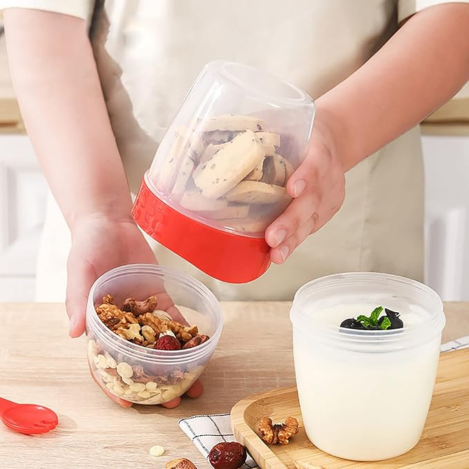 (3-tlg. Set) 870ml Lunch Box mit Saucen Behälter inkl. Gabel für Müsli / Salat / Joghurt - Grau / Transparent
