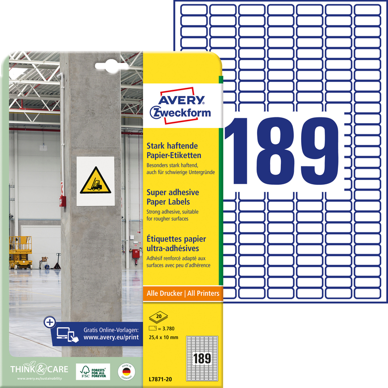Avery Zweckform Etiketten extra stark, L7871-20, 25.4 x 10 mm, 20 Blatt