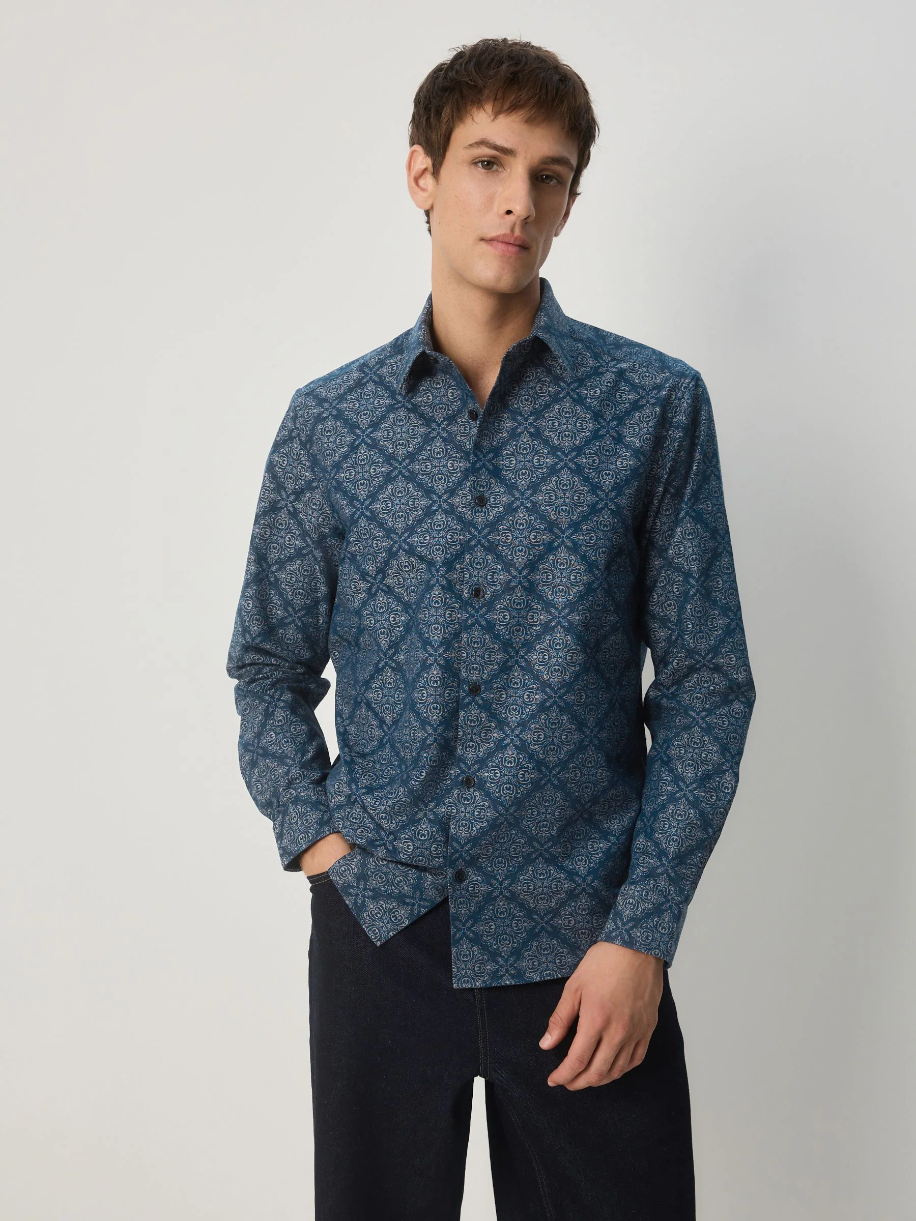 Marineblauw met ruitvormige print - Jaquard overhemd met lange mouwen