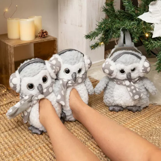 Chaussons peluche chouette GRIS MERRY SCOTT