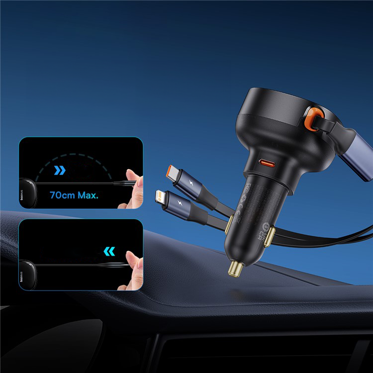 (55W) USB C Auto KFZ Ladegerät mit einziehbarem USB C / Lightning Kabel - Schwarz