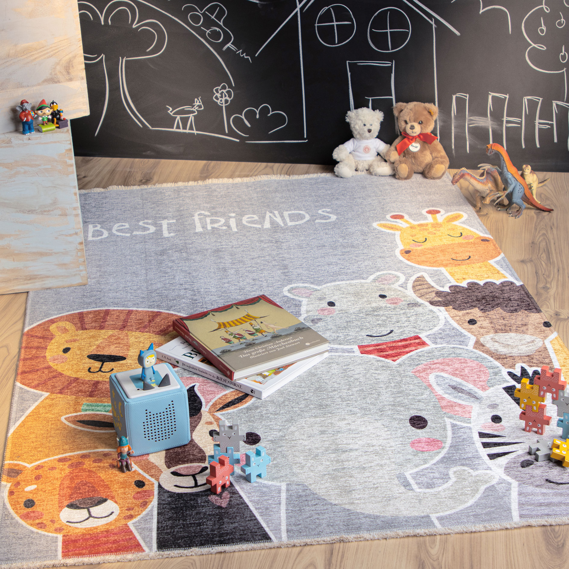 Kinderteppich - grau - Tierfreunde - 115x170 cm