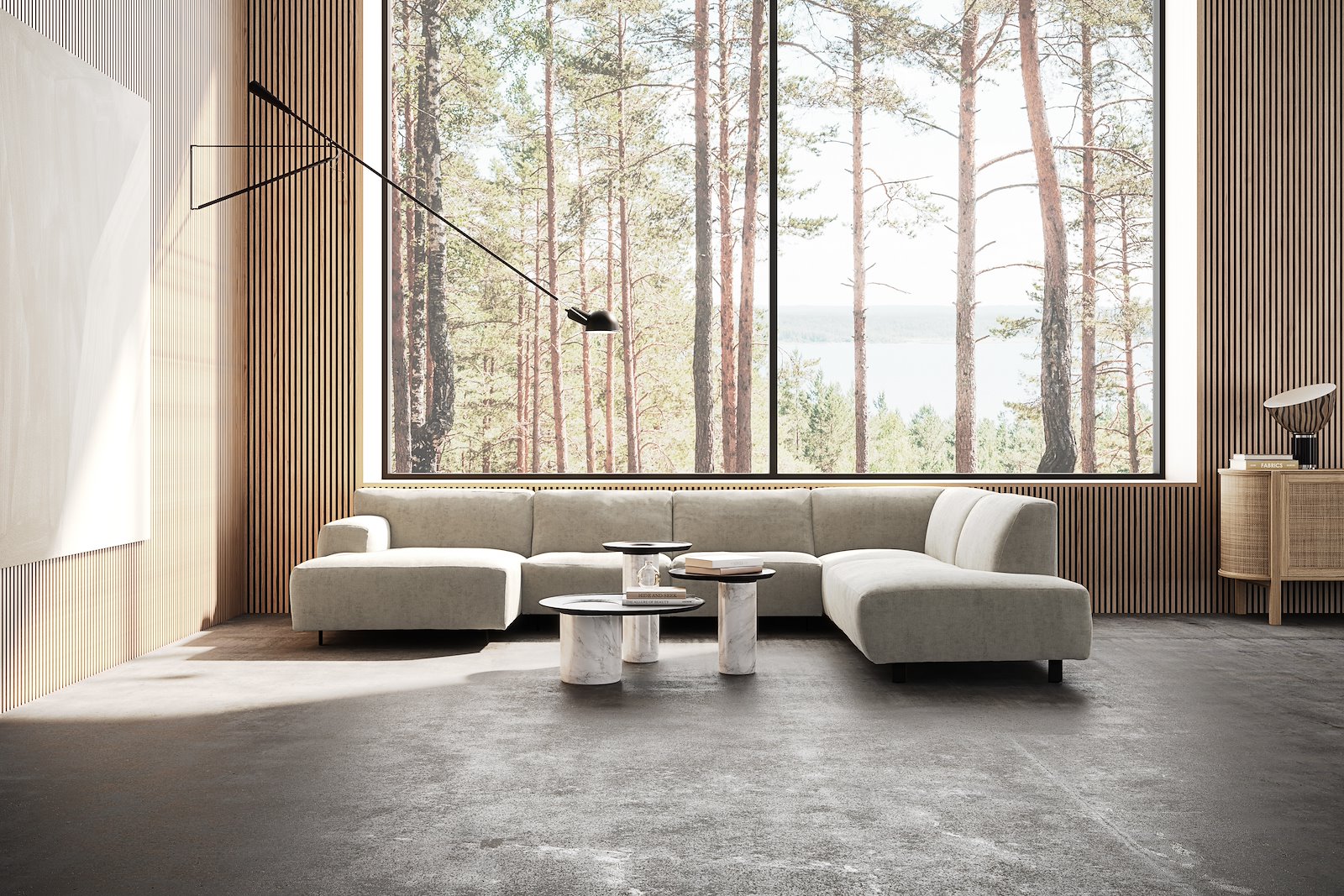 Vesta U-sofa Sjeselong venstre, 3-seter og åpen ende høyre. Big hjørnemodul, Tekstil Eros Stone, sort metallben 10 cm, Comfort CM