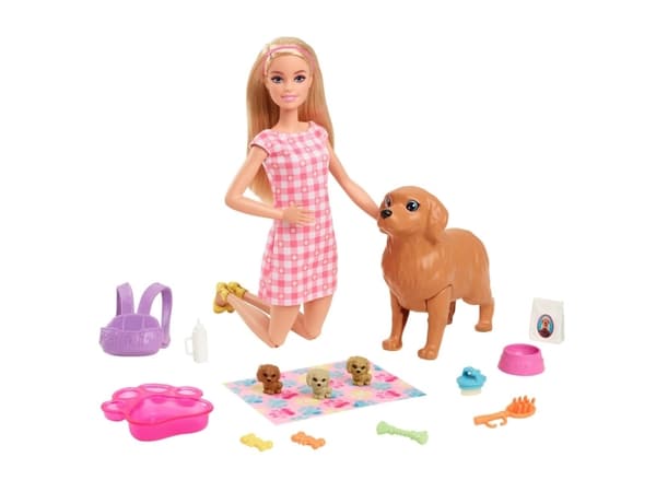 Mattel Barbie-dukke (blond) med hund og valp (HCK75)