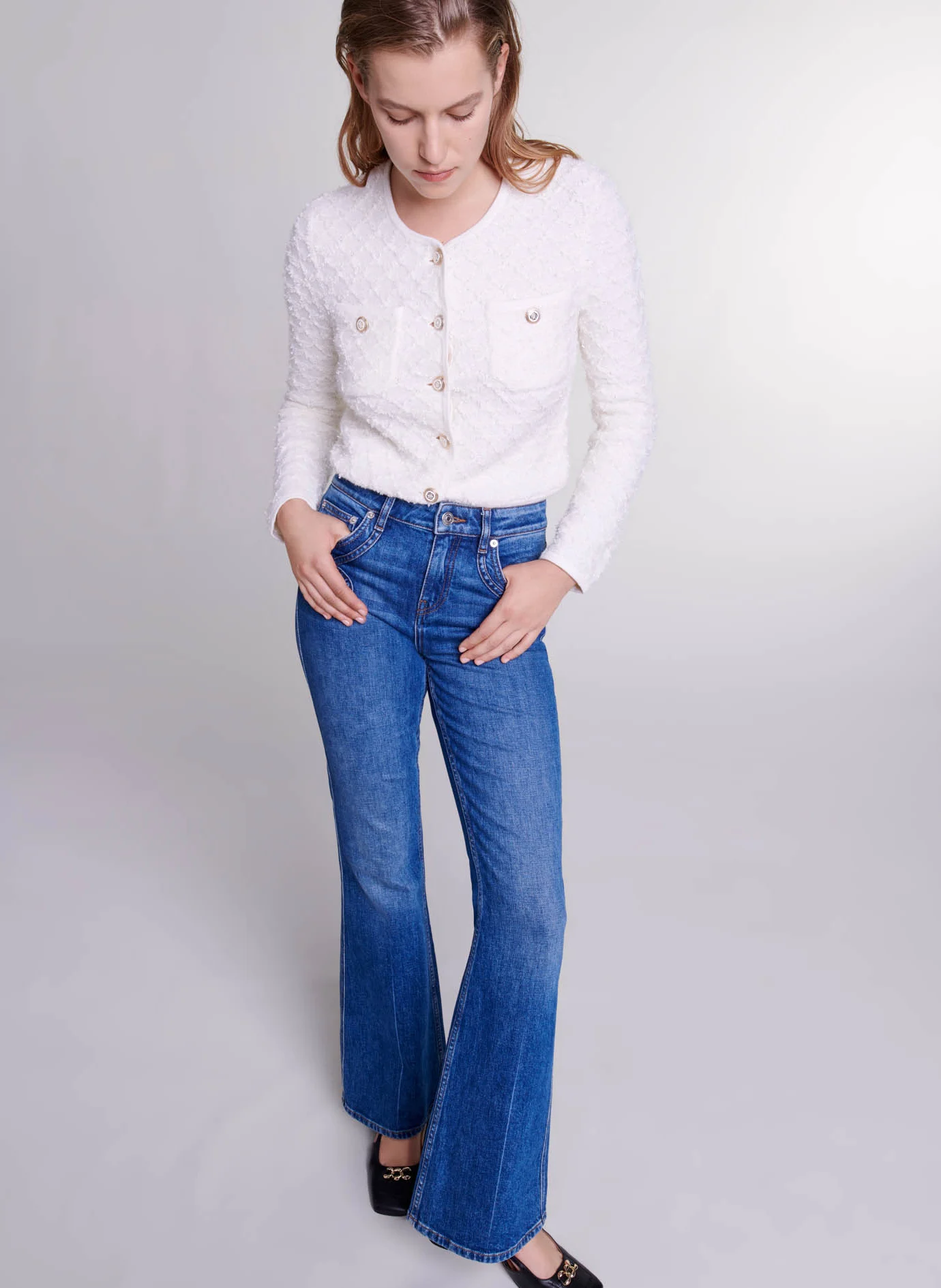 Jean flare taille mi-haute en coton mélangé | Bleu