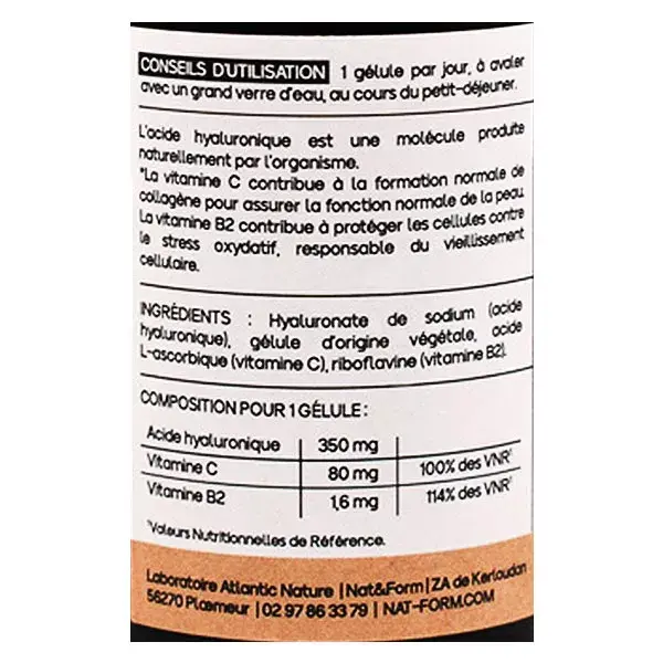 Ácido Hialurônico Nat & Form Nature + Vitaminas C e B2 Antienvelhecimento 30 Cápsulas