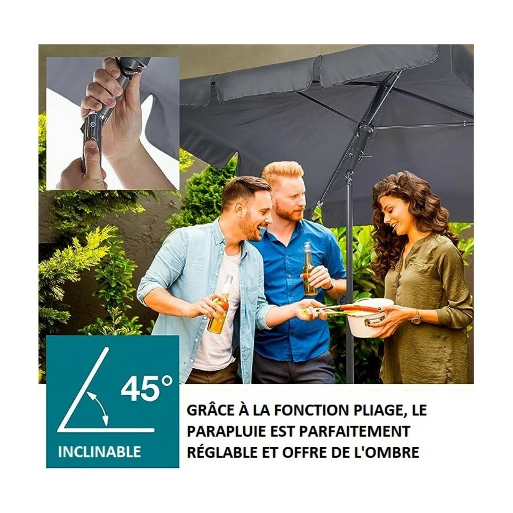 Parasol rectangulaire avec housse de protection réglable et inclinable 45° anthacite 125x200cm protection uv 50+