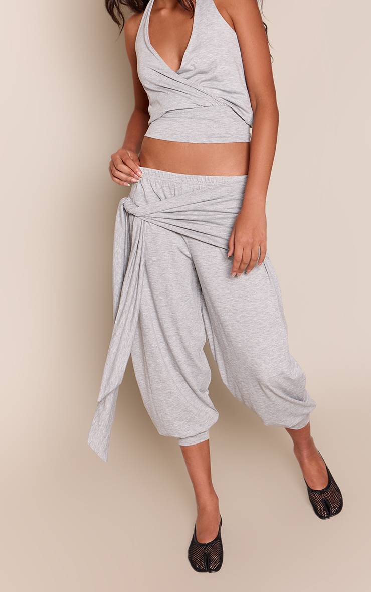 Gris Chiné Pantalon En Jersey À Jambes Resserrées Avec Lien Noué À La Taille
