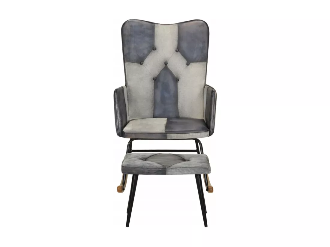 Chaise à bascule et repose-pieds Gris Cuir véritable et toile