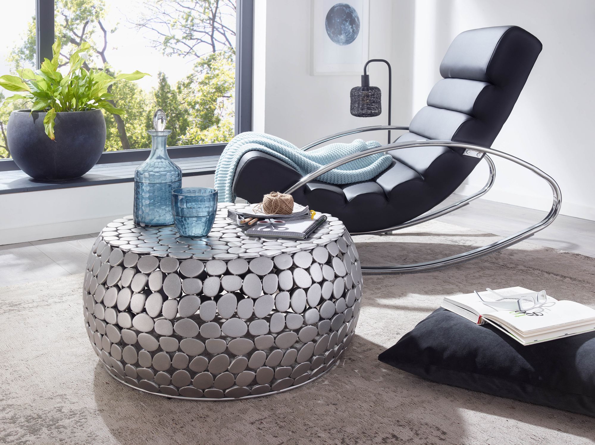 Couchtisch FineBuy Sofatisch Metall Silber Ø 66 cm Tisch Wohnzimmertisch Rund