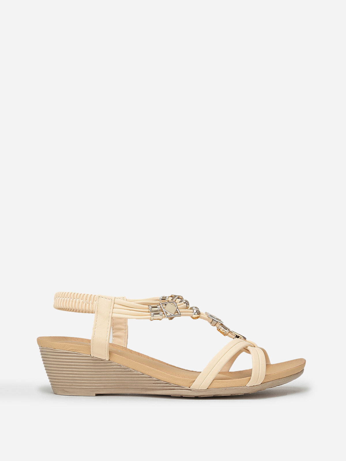 Sandales compensées à brides perles et strass- Beige