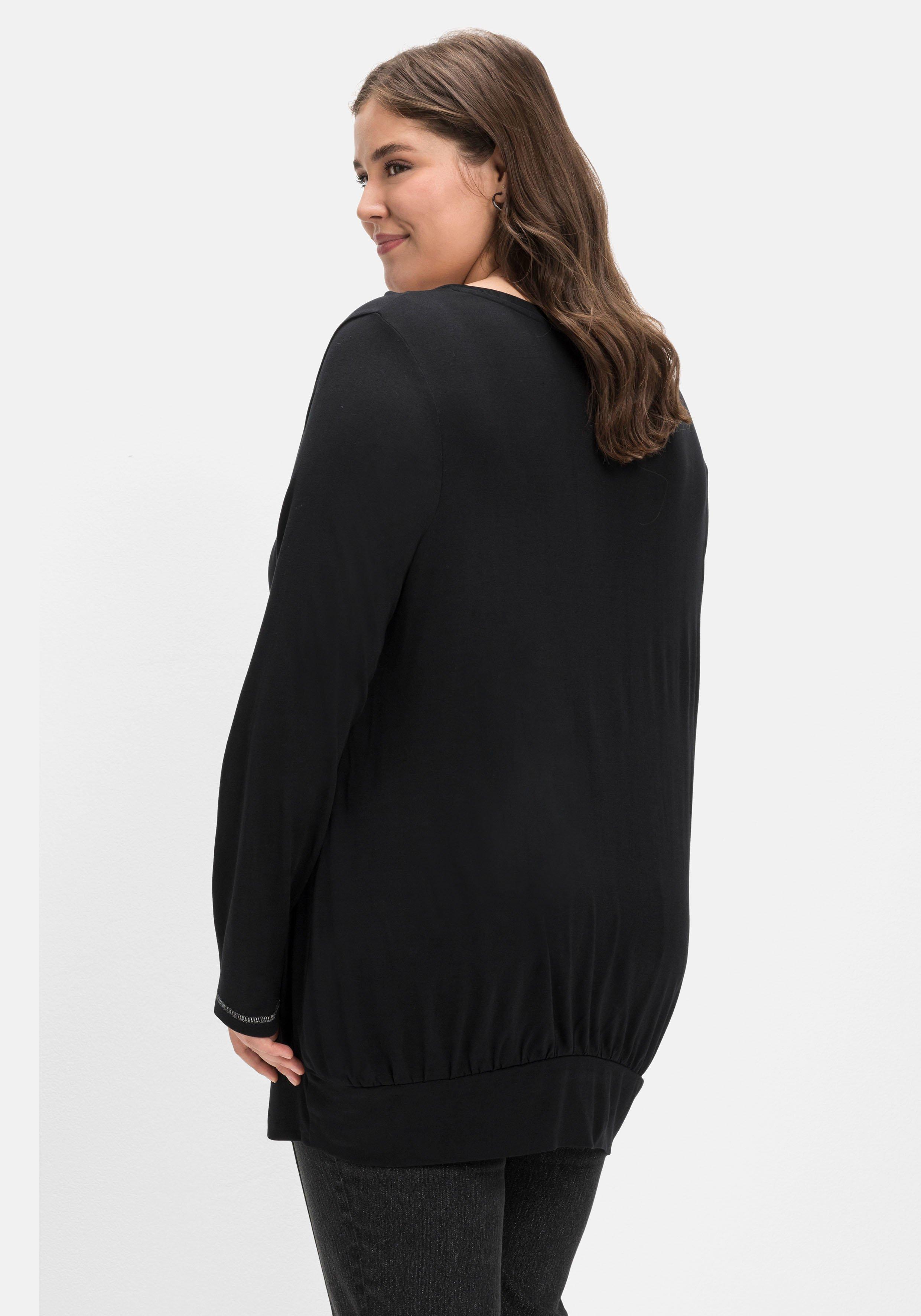 Langarmshirt mit angekräuseltem V-Ausschnitt