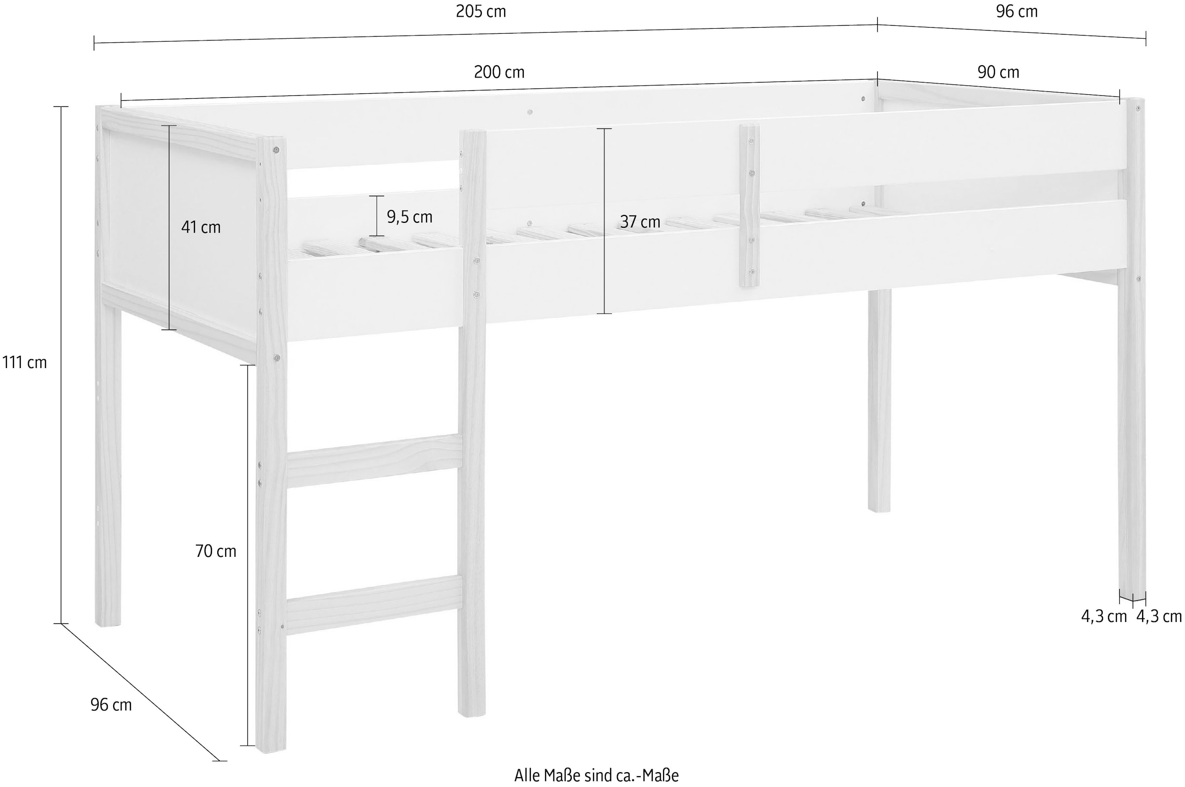 Lüttenhütt Hochbett »Janne« Kiefernholz, Einzelbett, inklusive Holzleiter, Liegefläche 90x200 cm