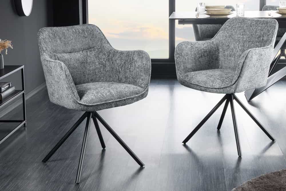 Drehbarer Stuhl VERONA grau Strukturstoff mit Armlehne Metallbeine schwarz