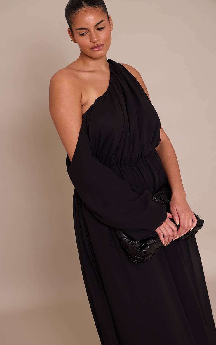 Noir Robe Maxi Grande Taille En Mousseline Drapée À Manches Longues