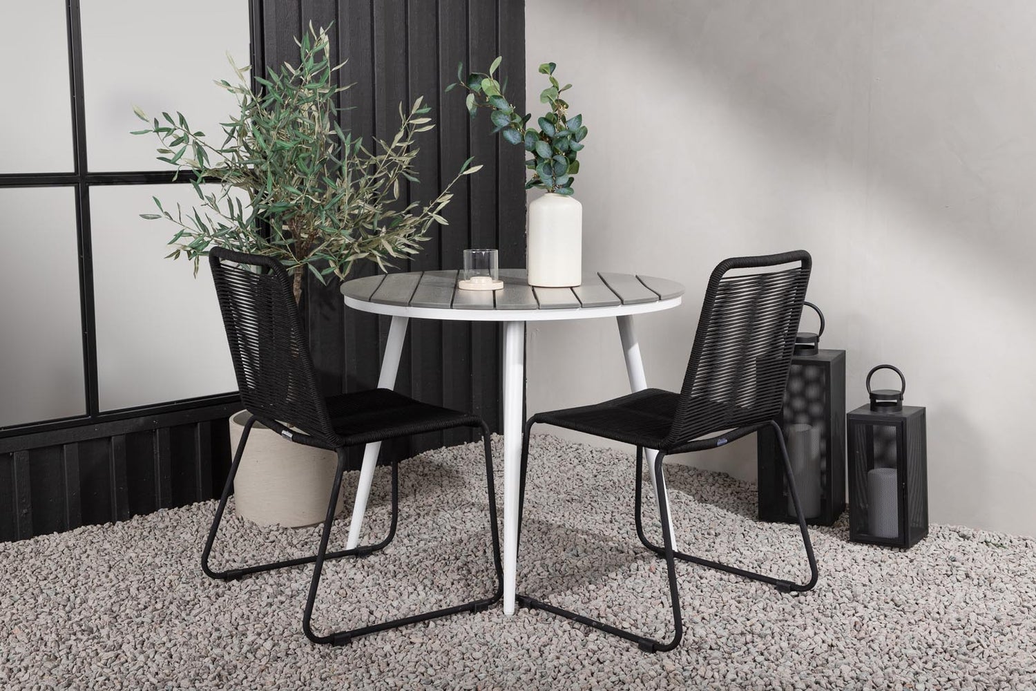 Tuinset Break: tafel 90x90cm, 2 stoelen Lindos, grijs, zwart. 90 x 74 x 90 cm