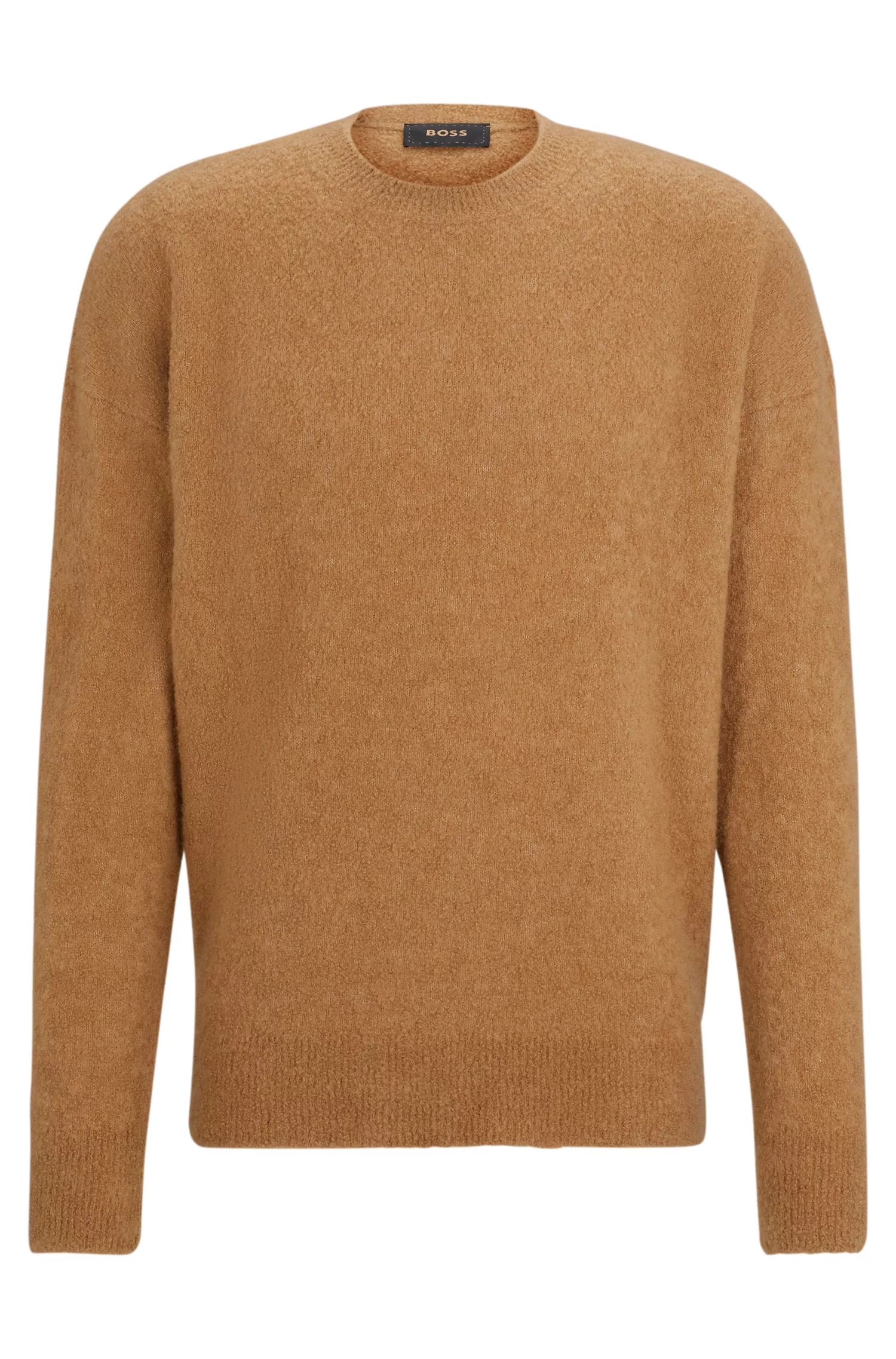 Suéter BOSS cor camelo, modelagem relaxada, em cashmere e seda.