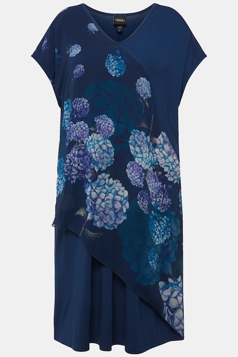 Jerseykleid, Hortensien, V-Ausschnitt, Halbarm