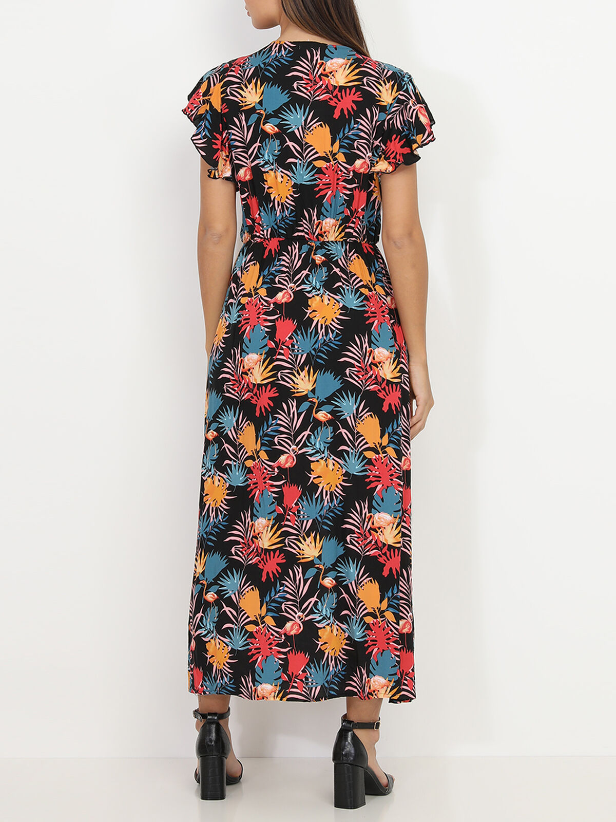 Robe longue à imprimé tropical et flamant- Noir