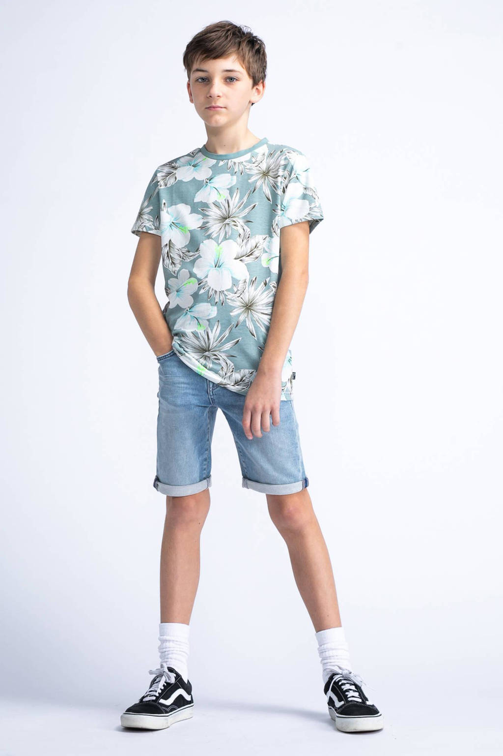 Petrol Industries T-shirt met all over print blauwgrijs/wit